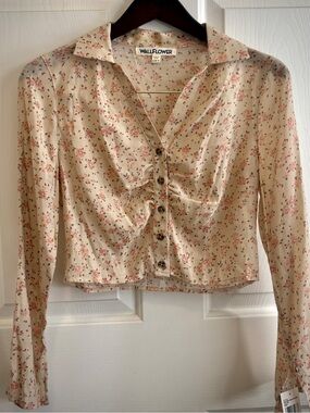 NWT Wallflower Floral Button Front Crop Blouse Cottagecore Boho Long Sleeve